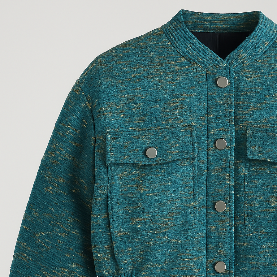 A cropped textured jacket with long sleeves, a round neckline, and flap chest pockets.