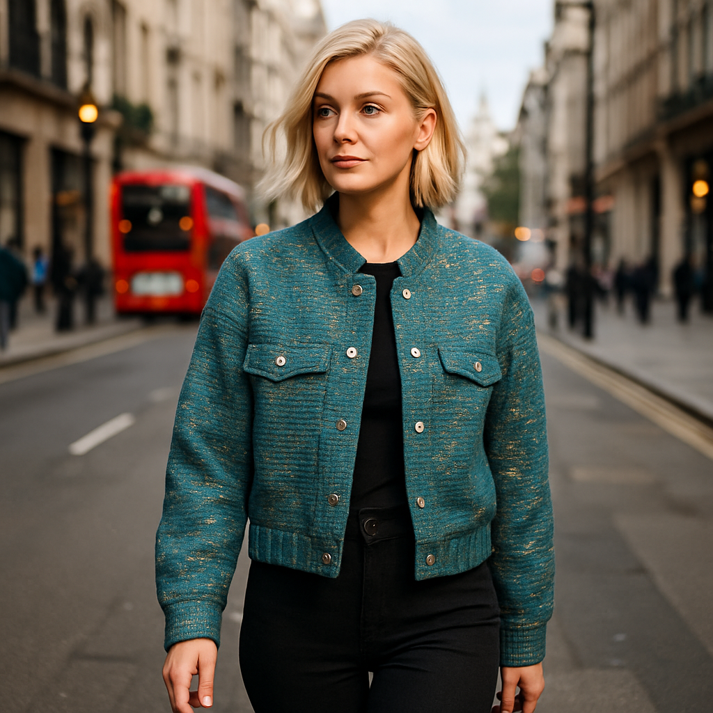 A cropped textured jacket with long sleeves, a round neckline, and flap chest pockets.