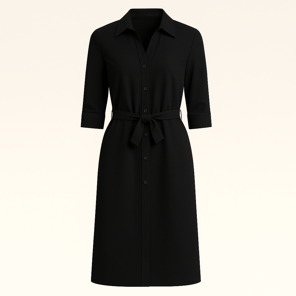 Shirt dress with button-down front, waist tie belt, shirt collar, and elbow-length sleeves, styled for a clean and polished look