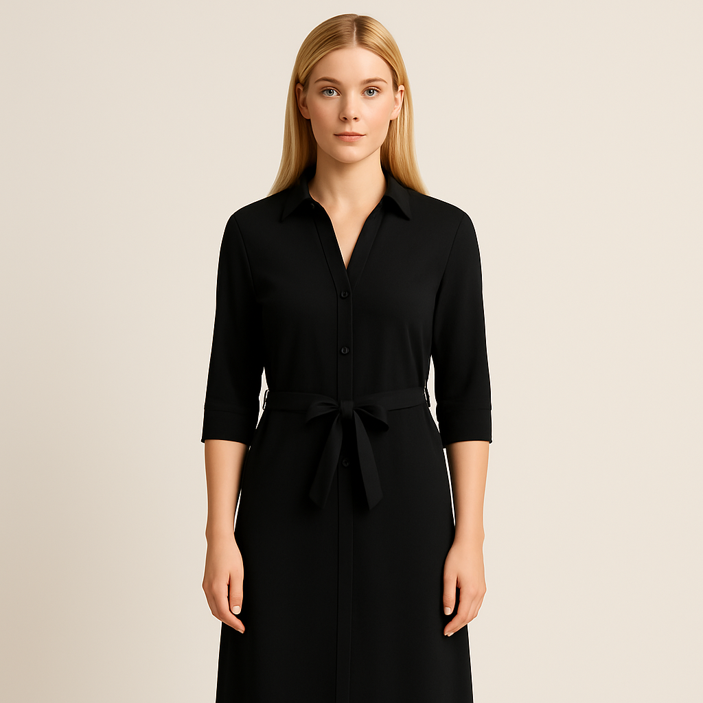 Shirt dress with button-down front, waist tie belt, shirt collar, and elbow-length sleeves, styled for a clean and polished look