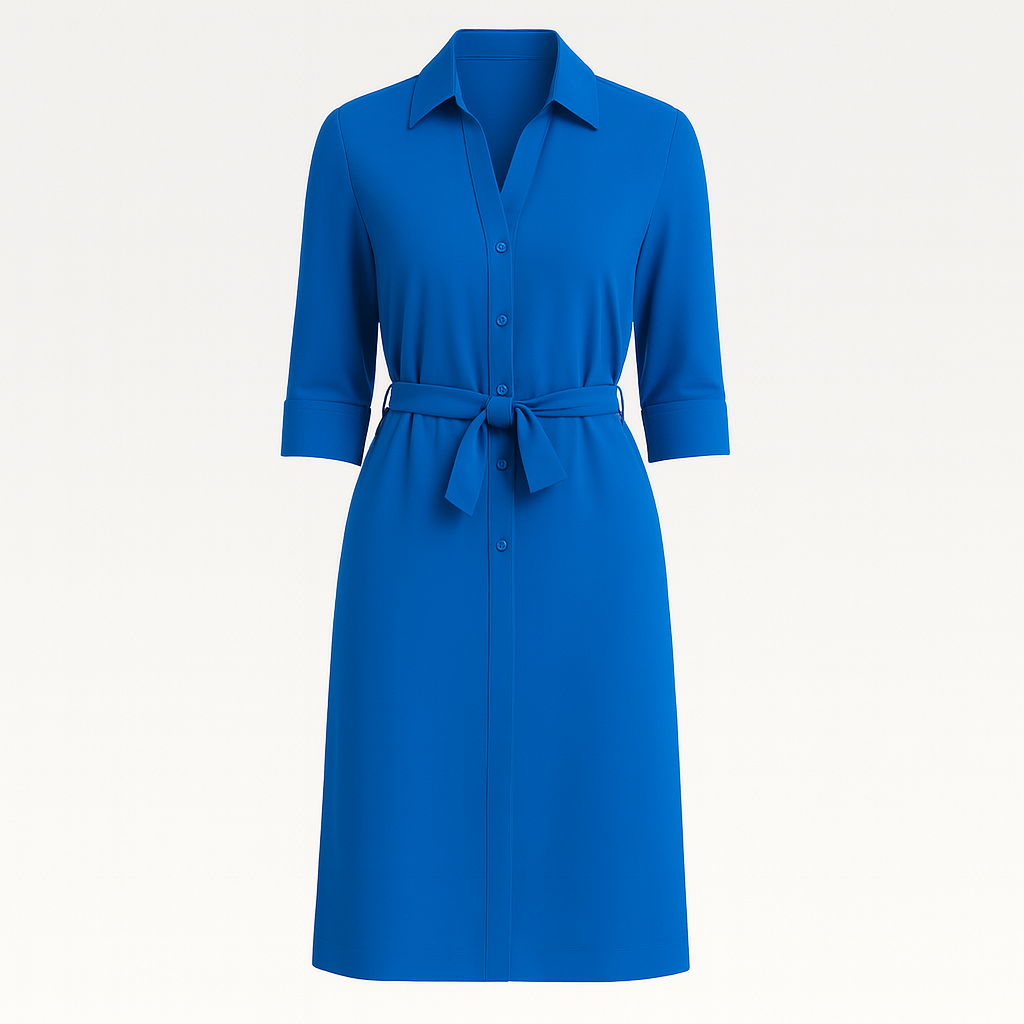 Shirt dress with button-down front, waist tie belt, shirt collar, and elbow-length sleeves, styled for a clean and polished look