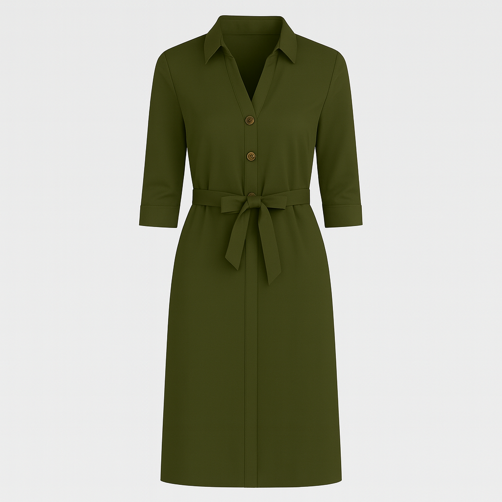 Shirt dress with button-down front, waist tie belt, shirt collar, and elbow-length sleeves, styled for a clean and polished look