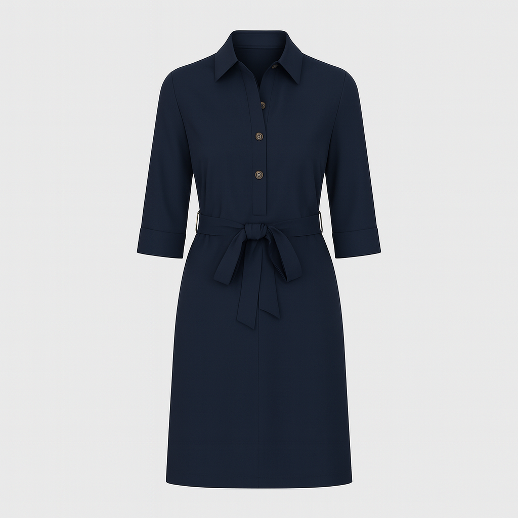 Shirt dress with button-down front, waist tie belt, shirt collar, and elbow-length sleeves, styled for a clean and polished look