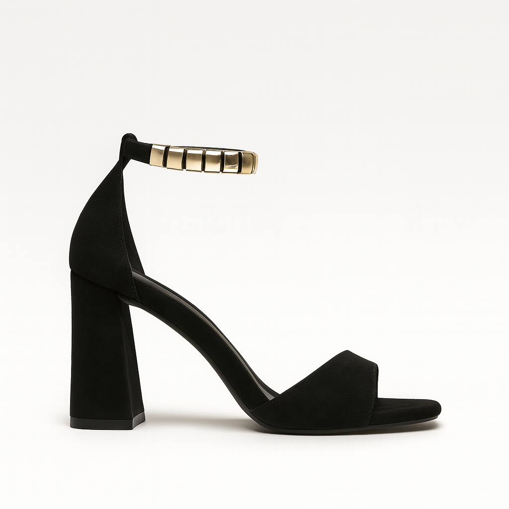 Block heel sandals with cross-strap design and ankle buckle closure