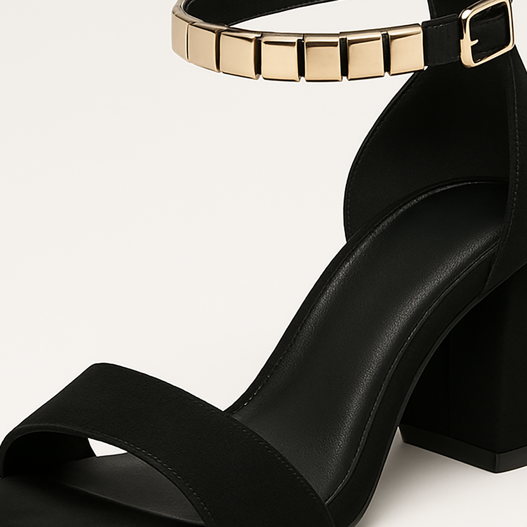 Block heel sandals with cross-strap design and ankle buckle closure