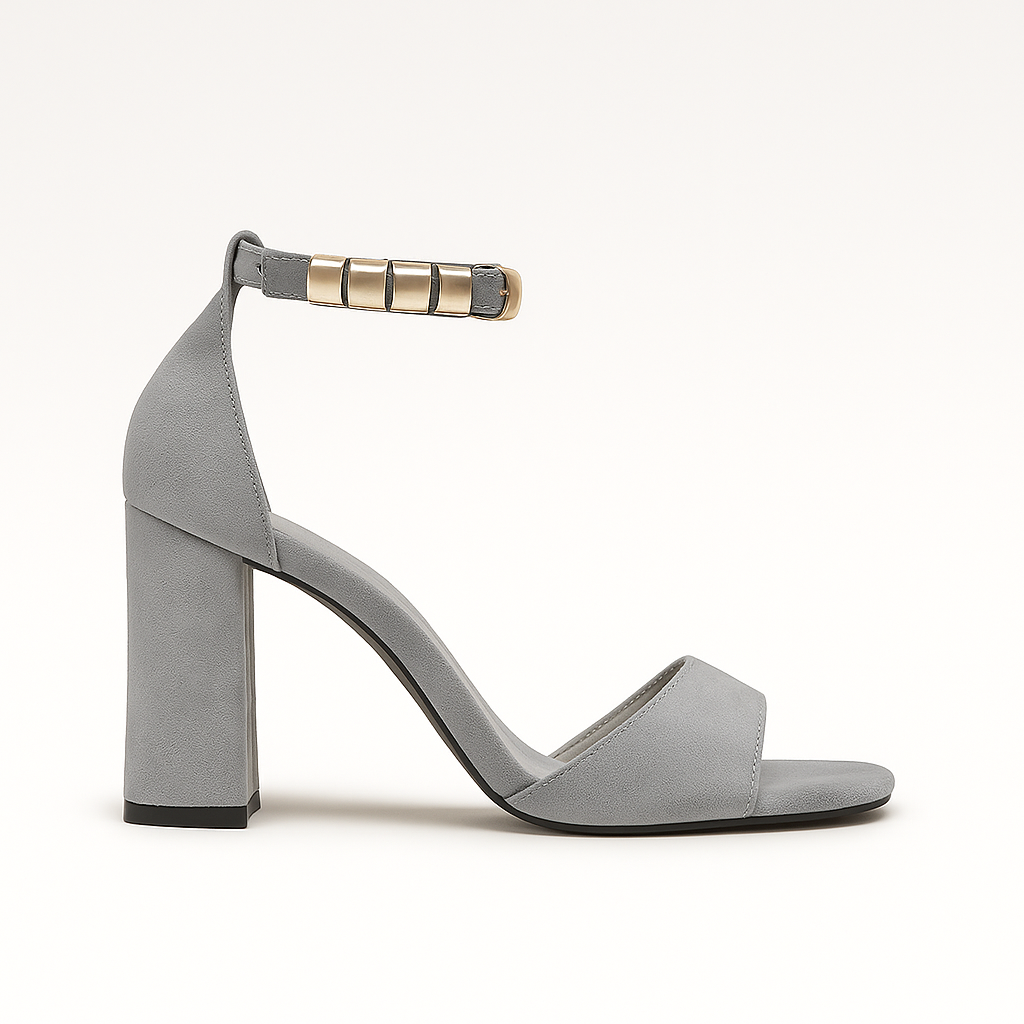 Block heel sandals with cross-strap design and ankle buckle closure