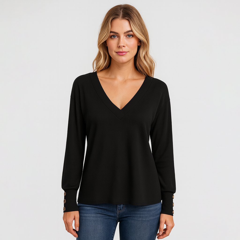 V-neck blouse with long sleeves and decorative button-cuff detail.