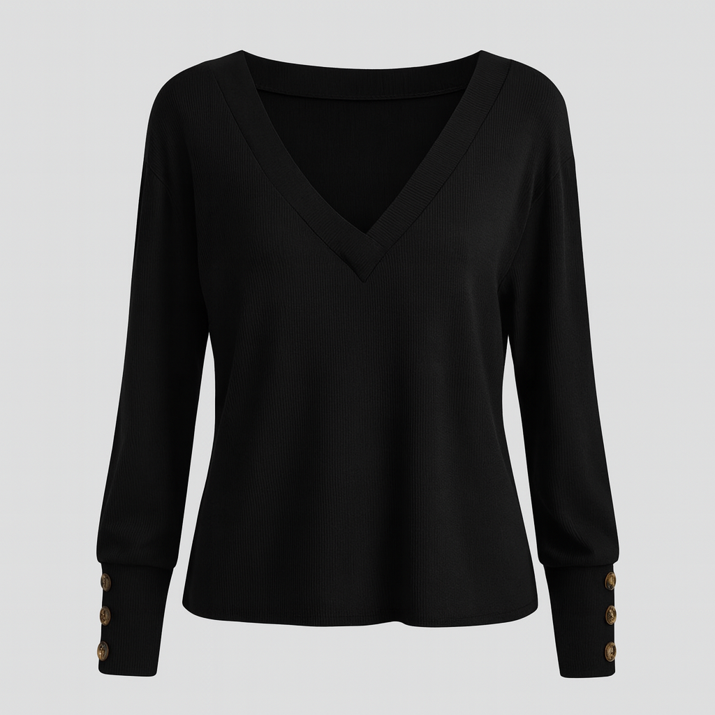 V-neck blouse with long sleeves and decorative button-cuff detail.