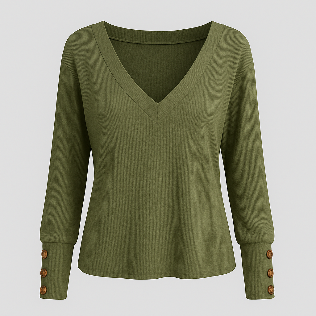V-neck blouse with long sleeves and decorative button-cuff detail.