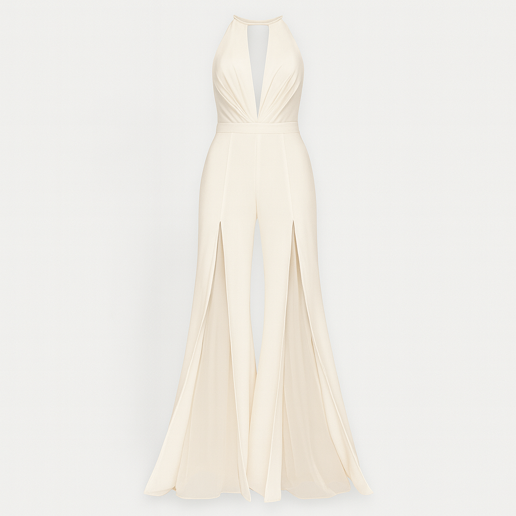 Halter jumpsuit with plunging neckline, chiffon overlay, and wide-leg silhouette