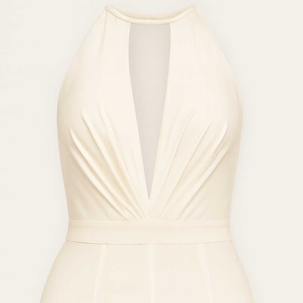 Halter jumpsuit with plunging neckline, chiffon overlay, and wide-leg silhouette