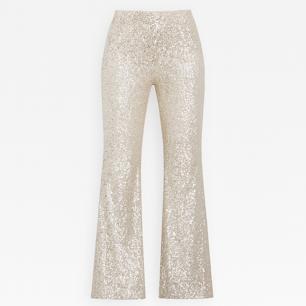 High-waisted sequin flare pants with shimmering texture and fitted silhouette, ideal for evening or party wear