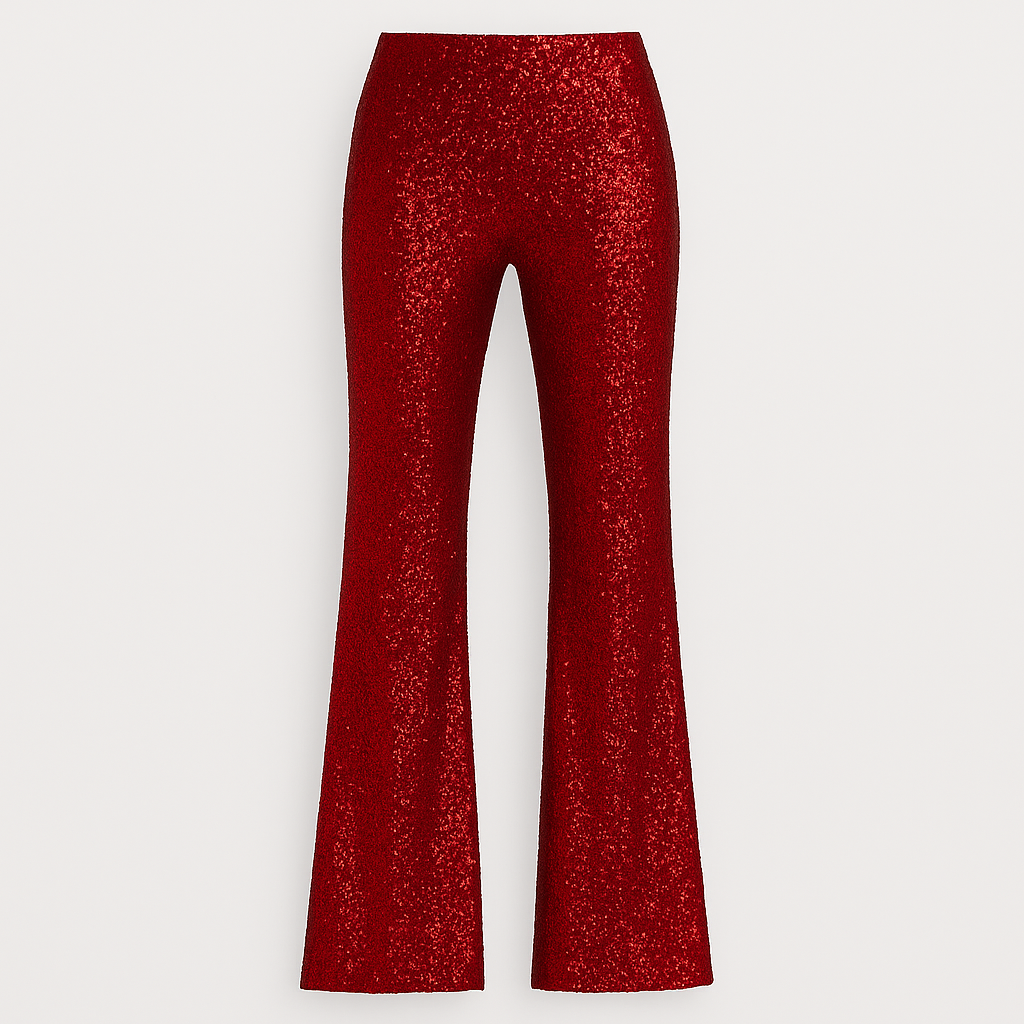 High-waisted sequin flare pants with shimmering texture and fitted silhouette, ideal for evening or party wear