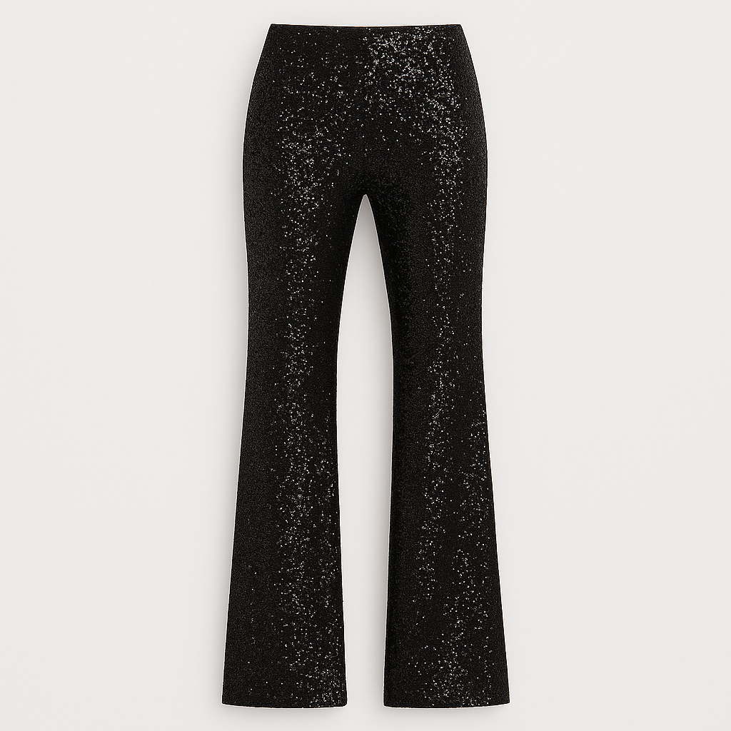 High-waisted sequin flare pants with shimmering texture and fitted silhouette, ideal for evening or party wear