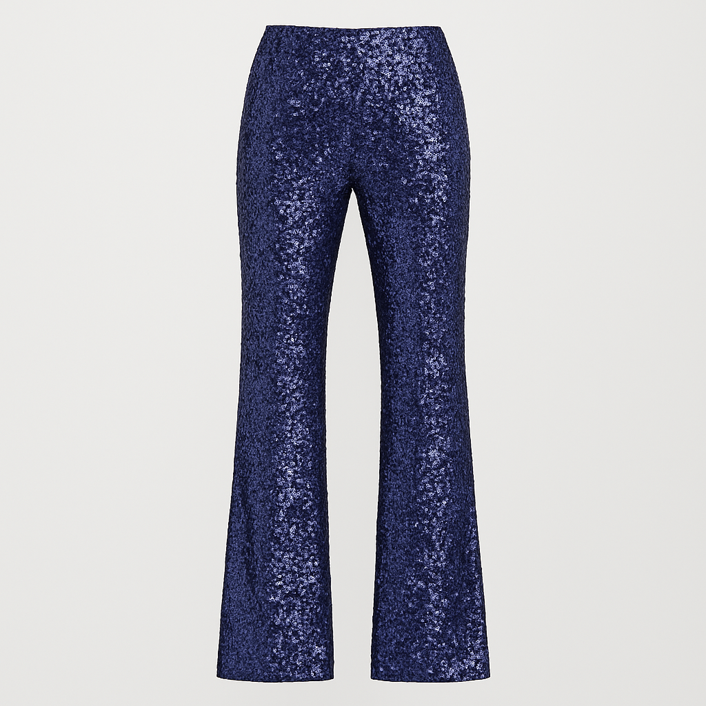 High-waisted sequin flare pants with shimmering texture and fitted silhouette, ideal for evening or party wear