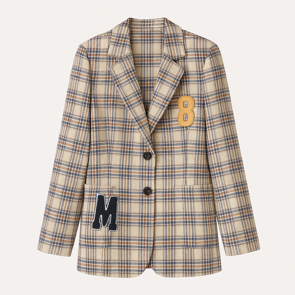 A checked blazer with long sleeves, a notched lapel neckline, double-breasted button closure, and embroidered patch details.