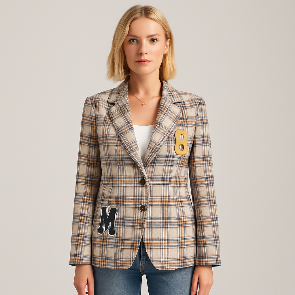 A checked blazer with long sleeves, a notched lapel neckline, double-breasted button closure, and embroidered patch details.