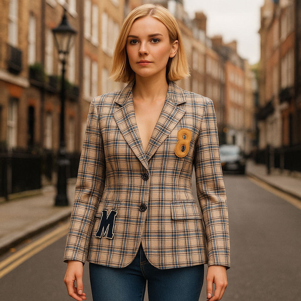 A checked blazer with long sleeves, a notched lapel neckline, double-breasted button closure, and embroidered patch details.