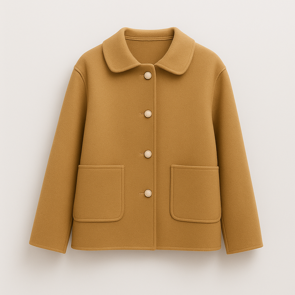 Wool blend jacket with shirt collar and front button closure, styled for casual and polished layering looks