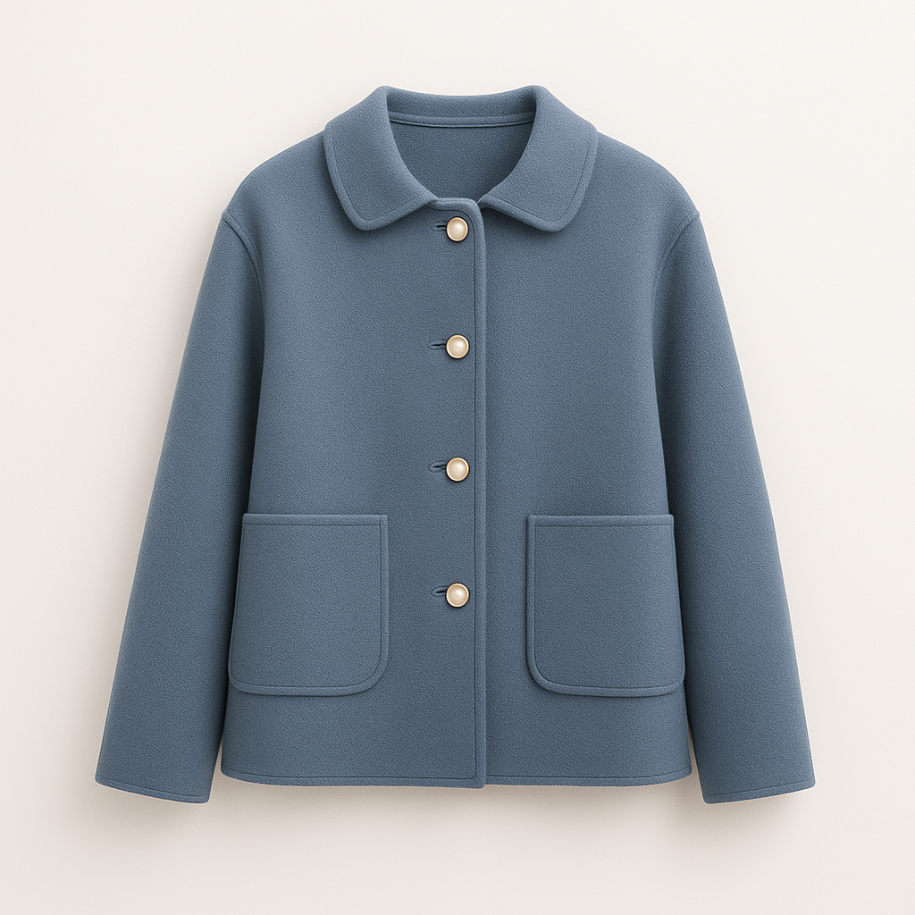 Wool blend jacket with shirt collar and front button closure, styled for casual and polished layering looks