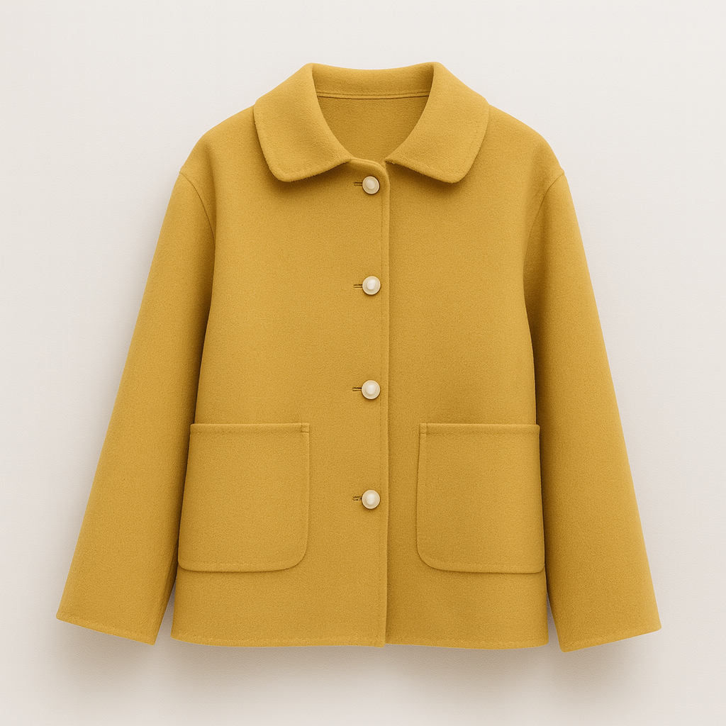 Wool blend jacket with shirt collar and front button closure, styled for casual and polished layering looks