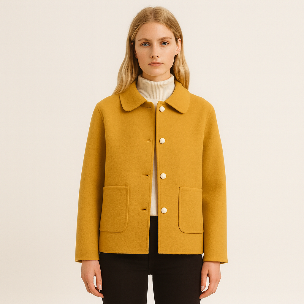 Wool blend jacket with shirt collar and front button closure, styled for casual and polished layering looks