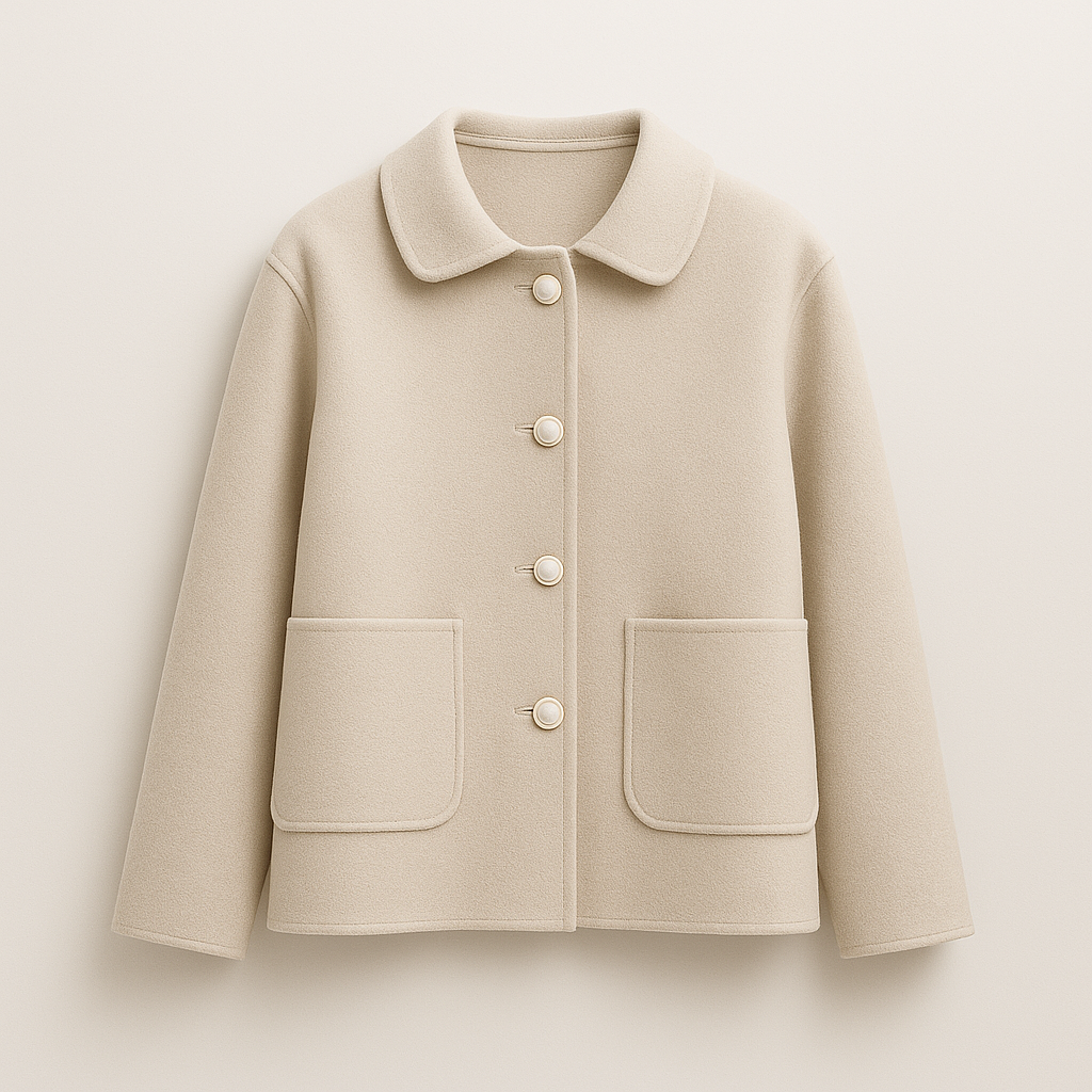 Wool blend jacket with shirt collar and front button closure, styled for casual and polished layering looks