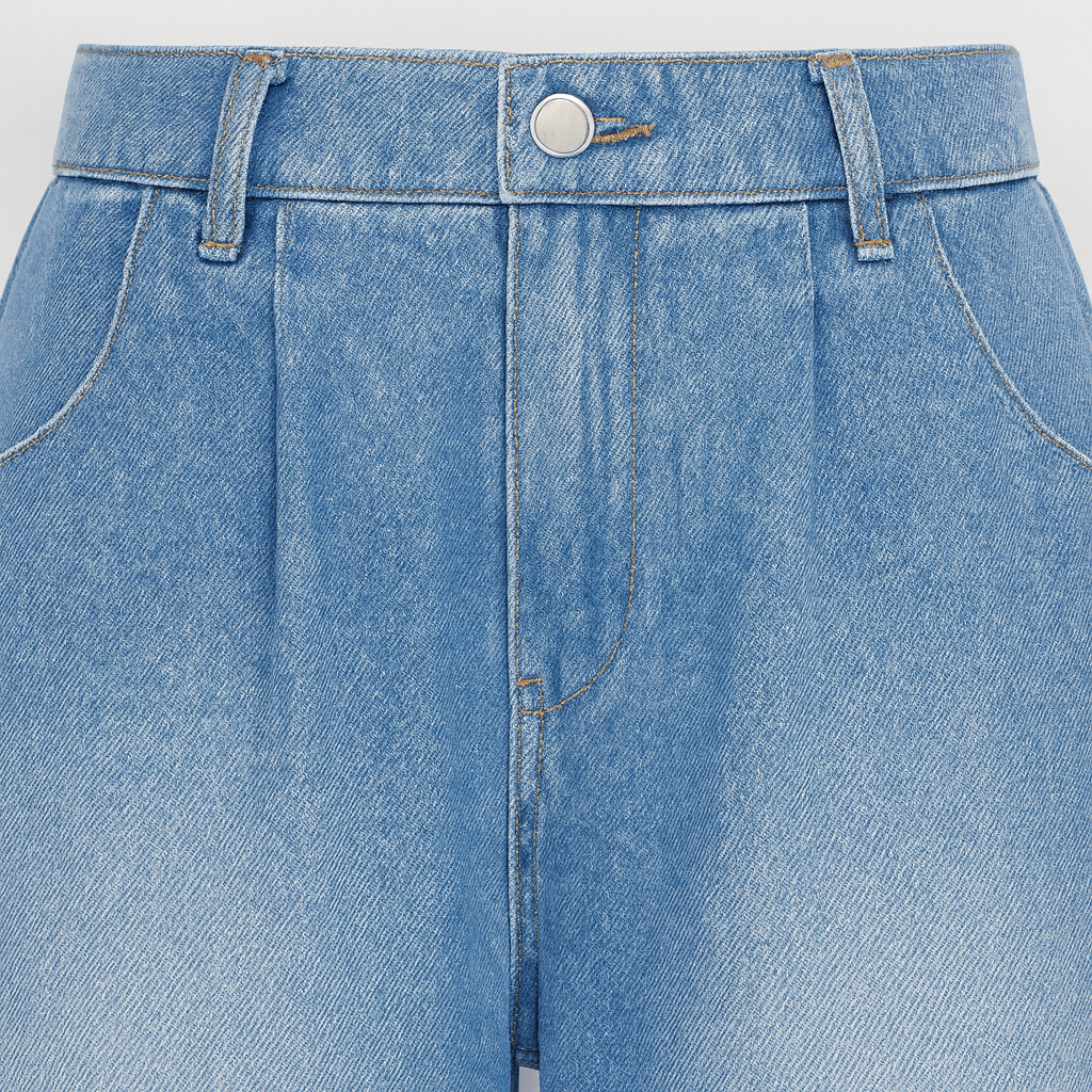 High-rise wide-leg denim jeans with front pleats and relaxed silhouette.