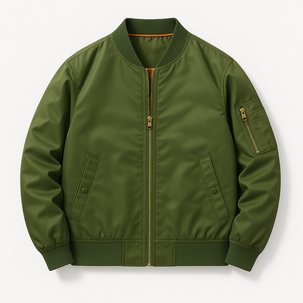 Bomber jacket with front zipper, ribbed cuffs, and utility sleeve pocket designed for versatile everyday wear