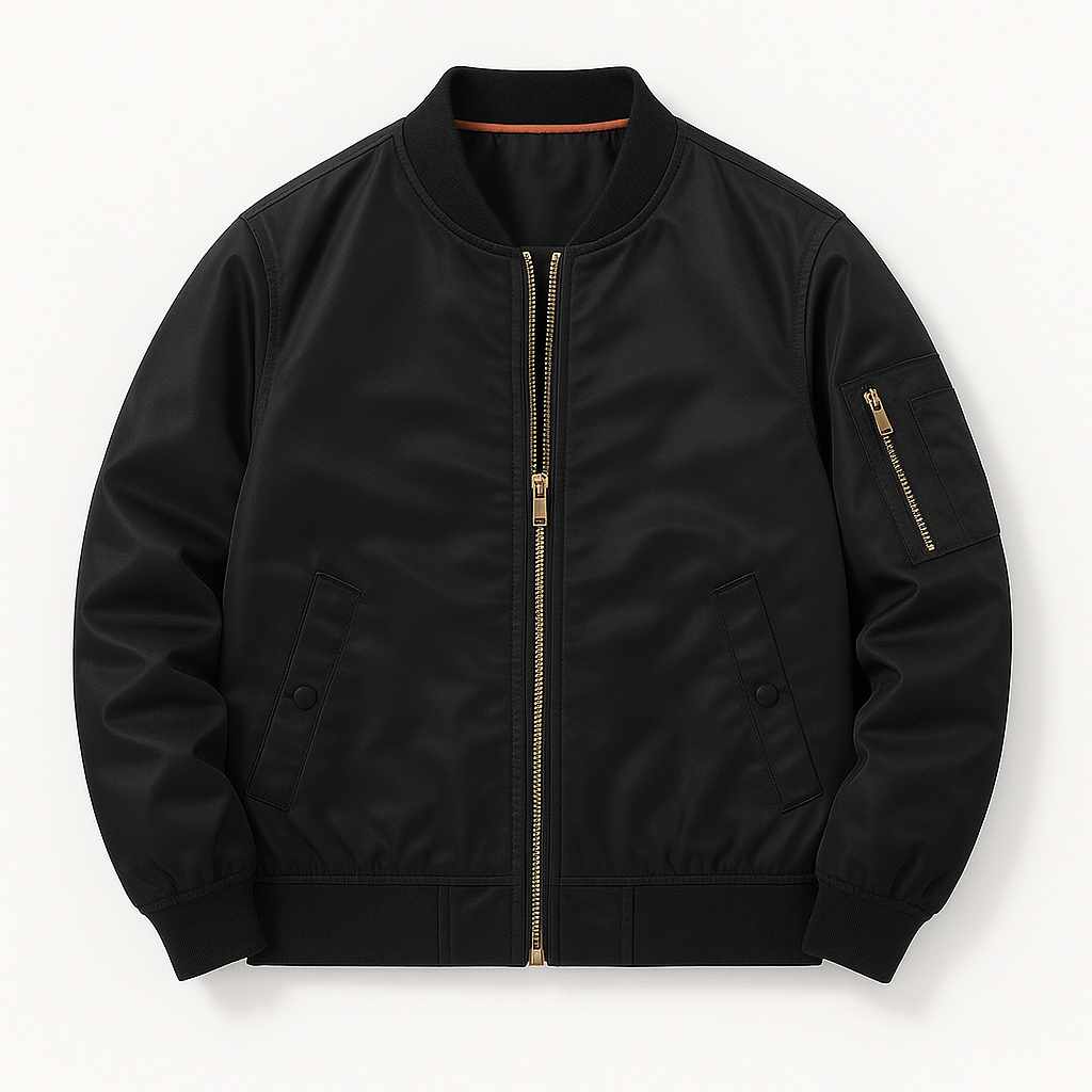 Bomber jacket with front zipper, ribbed cuffs, and utility sleeve pocket designed for versatile everyday wear