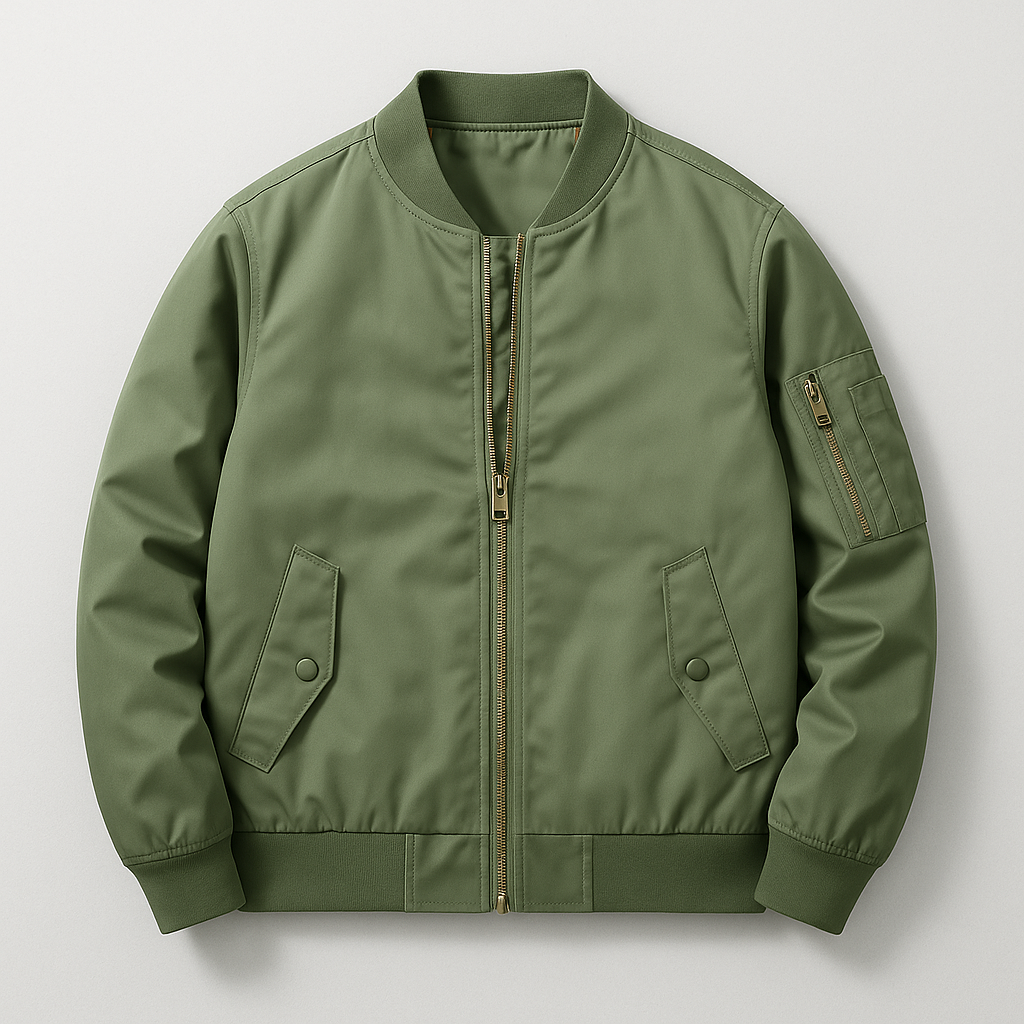 Bomber jacket with front zipper, ribbed cuffs, and utility sleeve pocket designed for versatile everyday wear