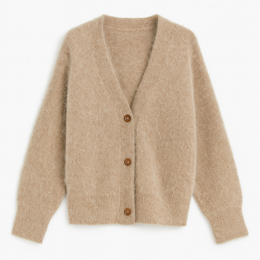 Soft fuzzy cardigan with button front, V-neckline, and relaxed silhouette designed for cozy layering
