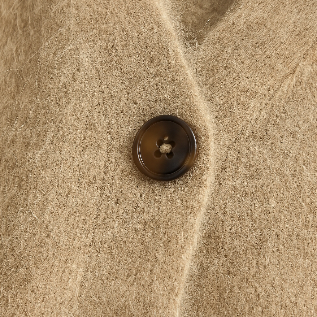 Soft fuzzy cardigan with button front, V-neckline, and relaxed silhouette designed for cozy layering