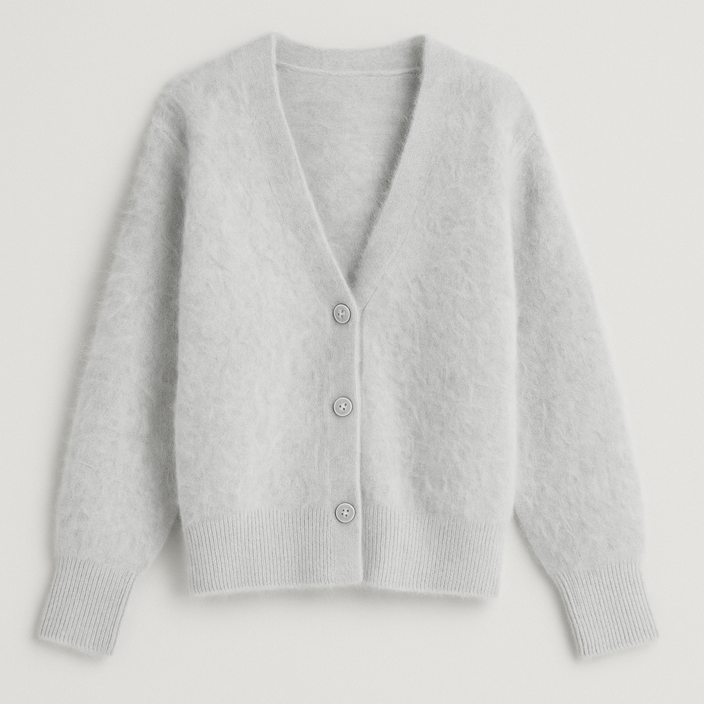 Soft fuzzy cardigan with button front, V-neckline, and relaxed silhouette designed for cozy layering