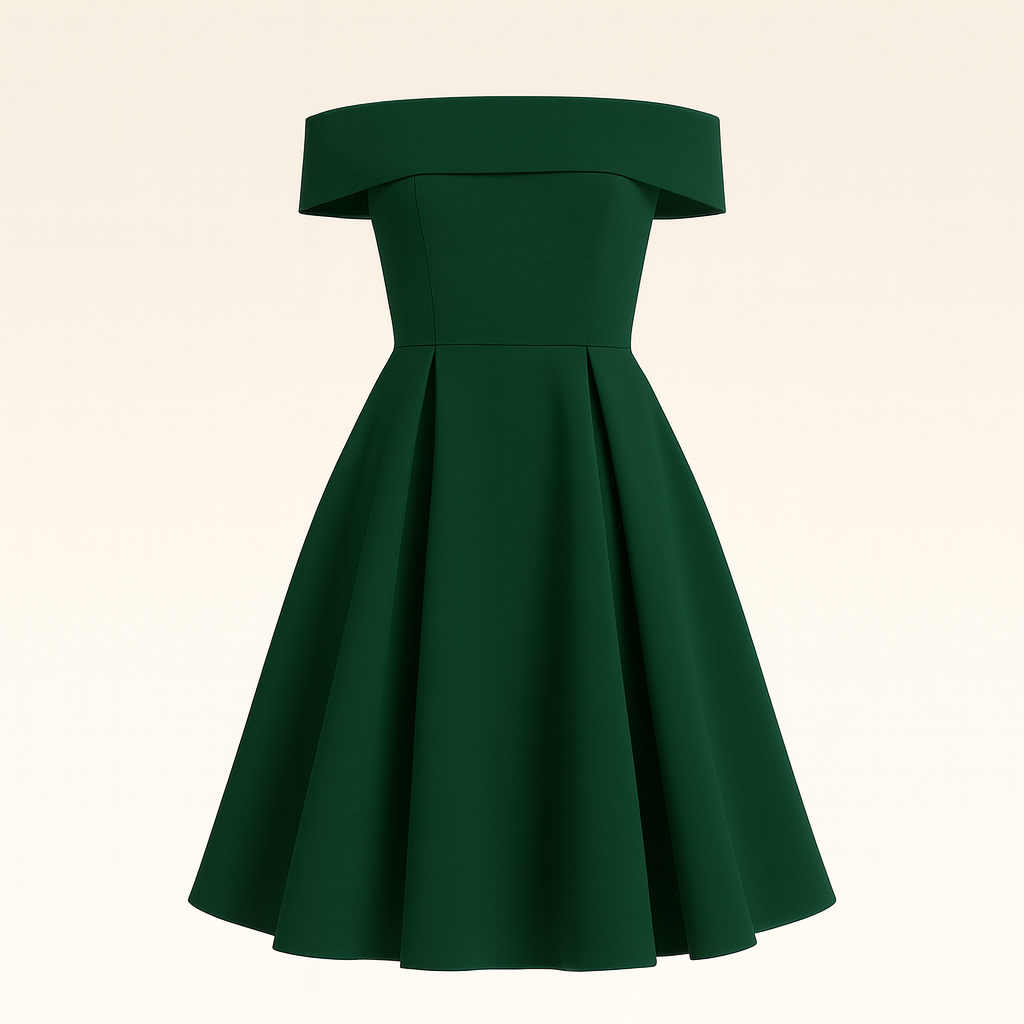 Off-shoulder dress with fitted bodice, flared skirt, and elegant neckline, styled for an occasion-ready look