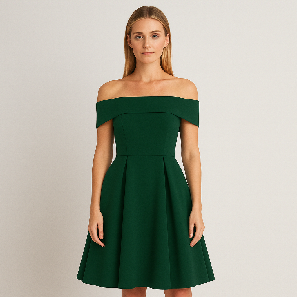 Off-shoulder dress with fitted bodice, flared skirt, and elegant neckline, styled for an occasion-ready look
