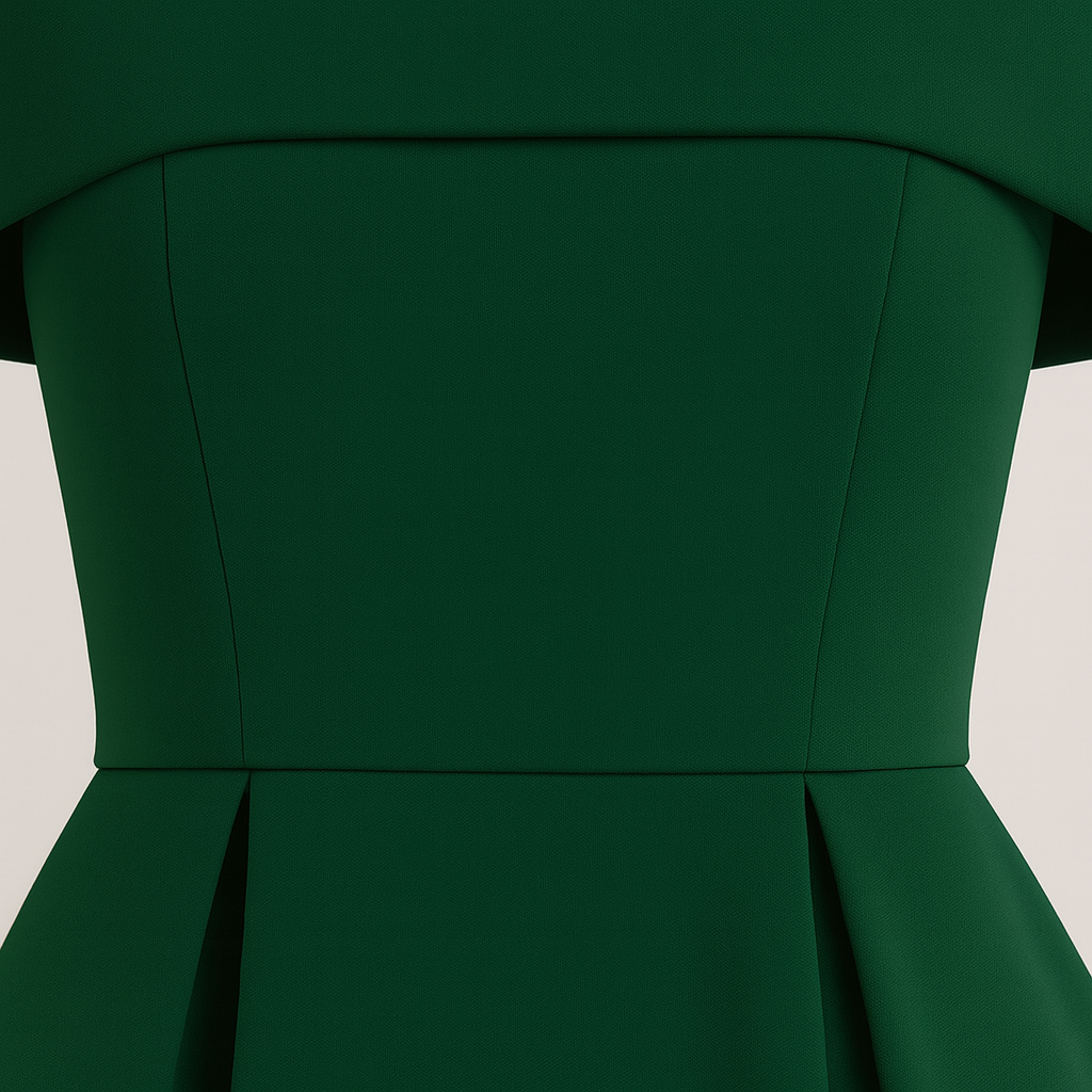 Off-shoulder dress with fitted bodice, flared skirt, and elegant neckline, styled for an occasion-ready look