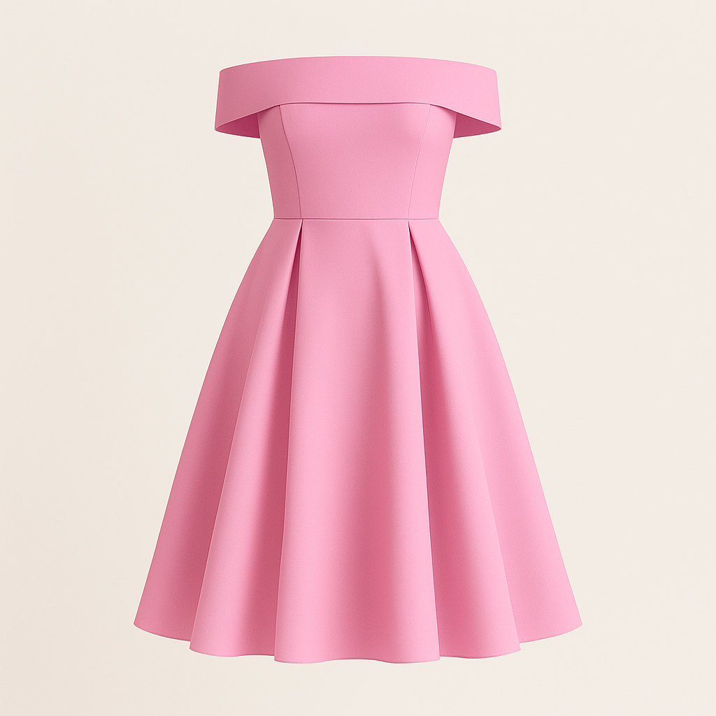 Off-shoulder dress with fitted bodice, flared skirt, and elegant neckline, styled for an occasion-ready look