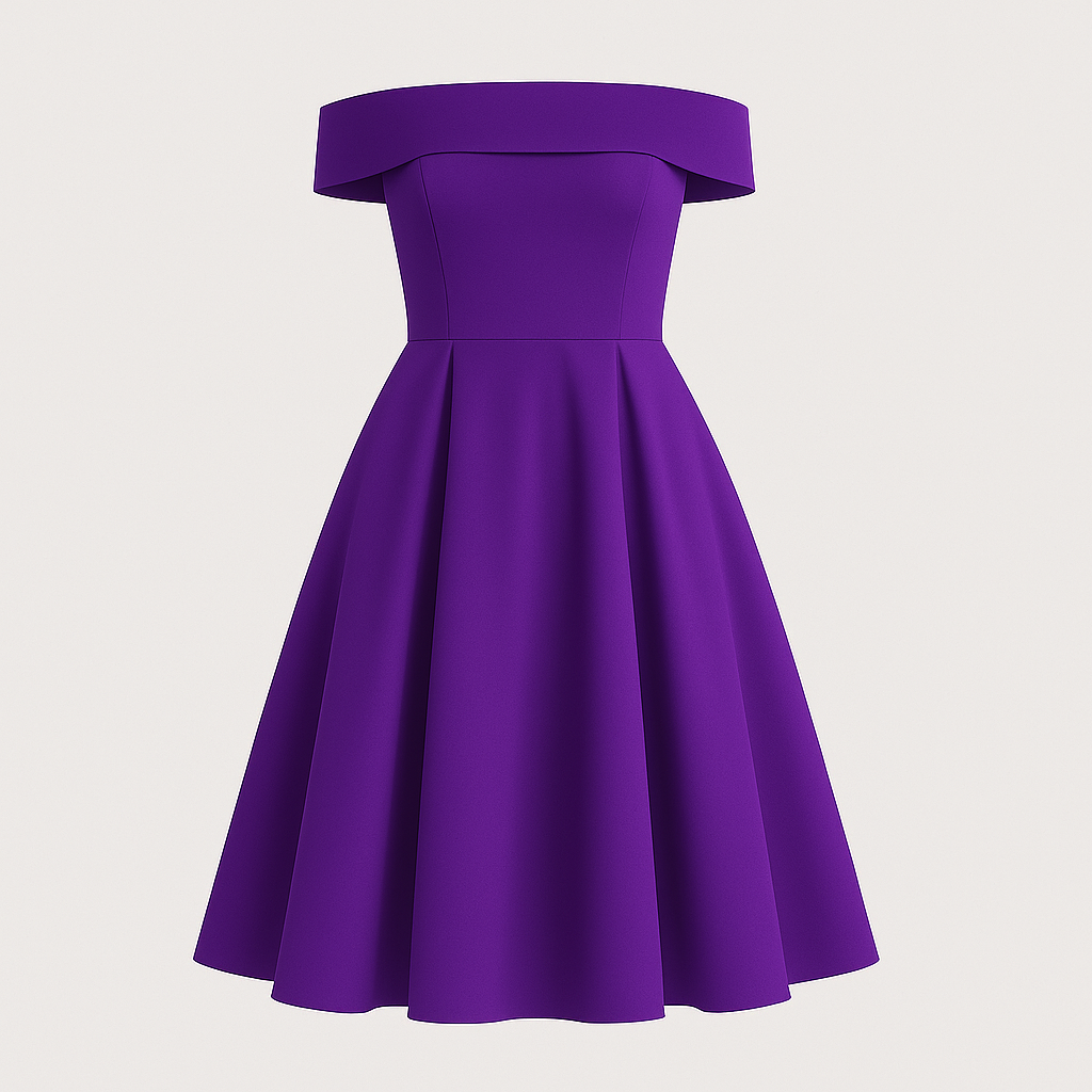 Off-shoulder dress with fitted bodice, flared skirt, and elegant neckline, styled for an occasion-ready look