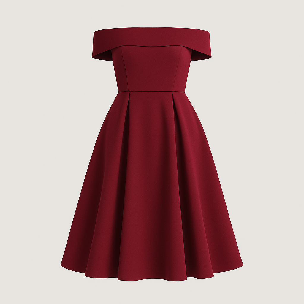 Off-shoulder dress with fitted bodice, flared skirt, and elegant neckline, styled for an occasion-ready look