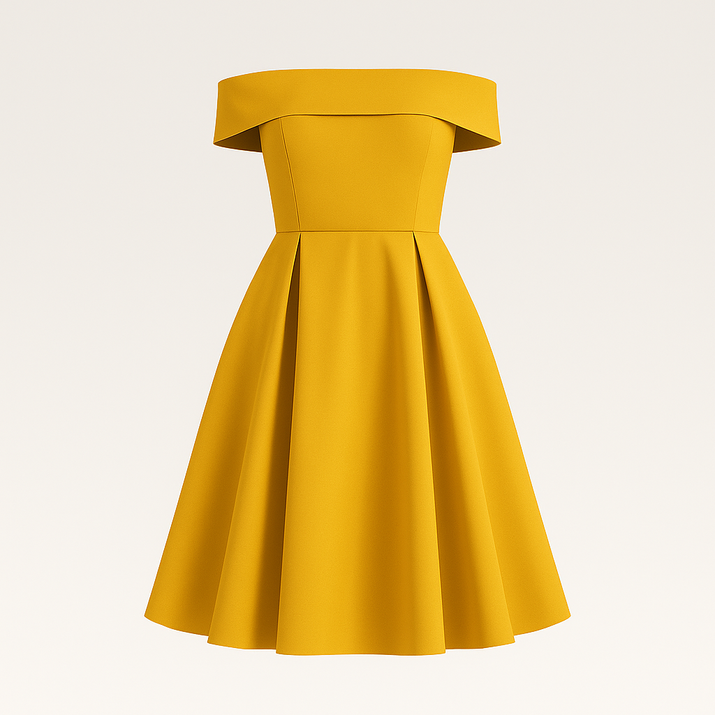 Off-shoulder dress with fitted bodice, flared skirt, and elegant neckline, styled for an occasion-ready look