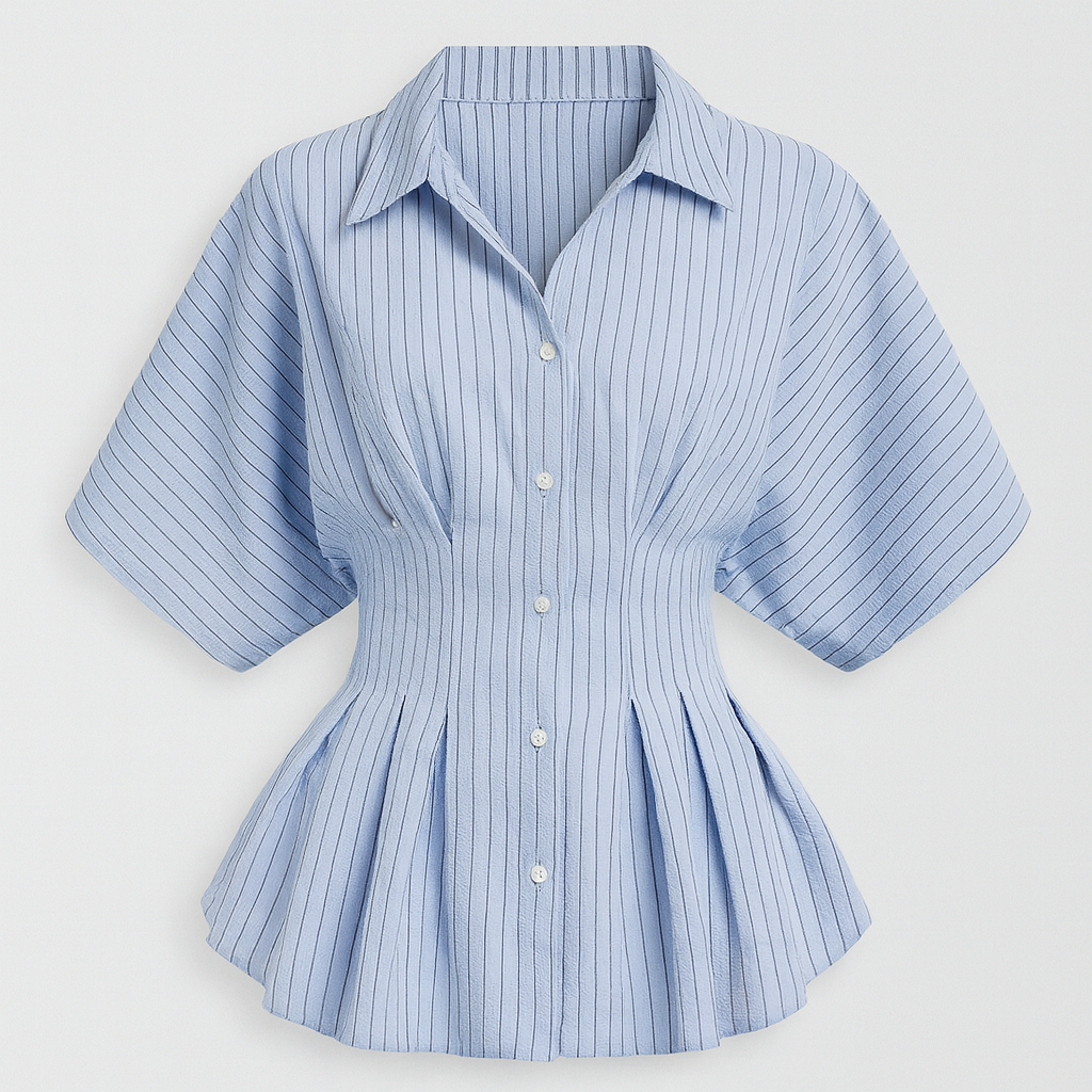 Blue striped blouse with voluminous sleeves, cinched waist, and pleated hem, styled with a classic button-down design.