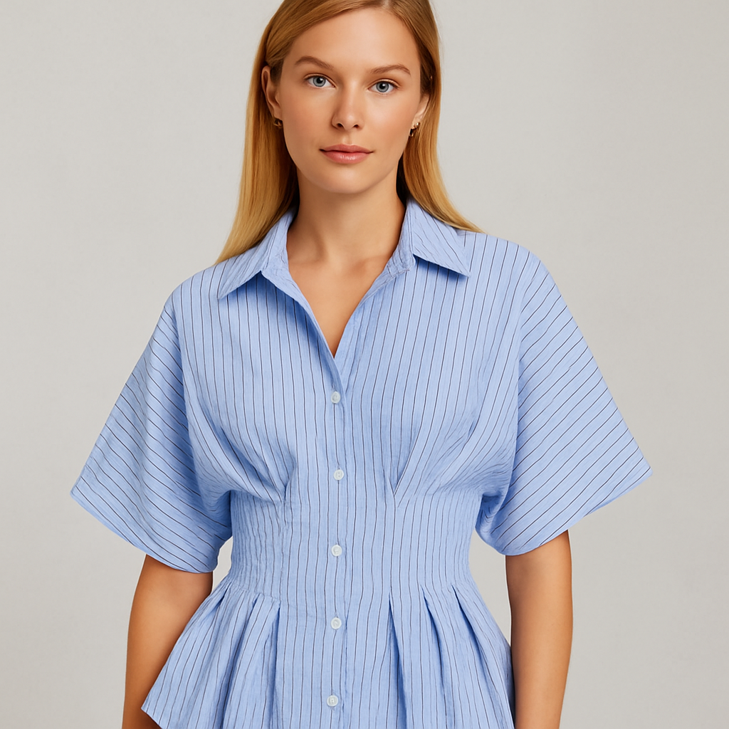 Blue striped blouse with voluminous sleeves, cinched waist, and pleated hem, styled with a classic button-down design.