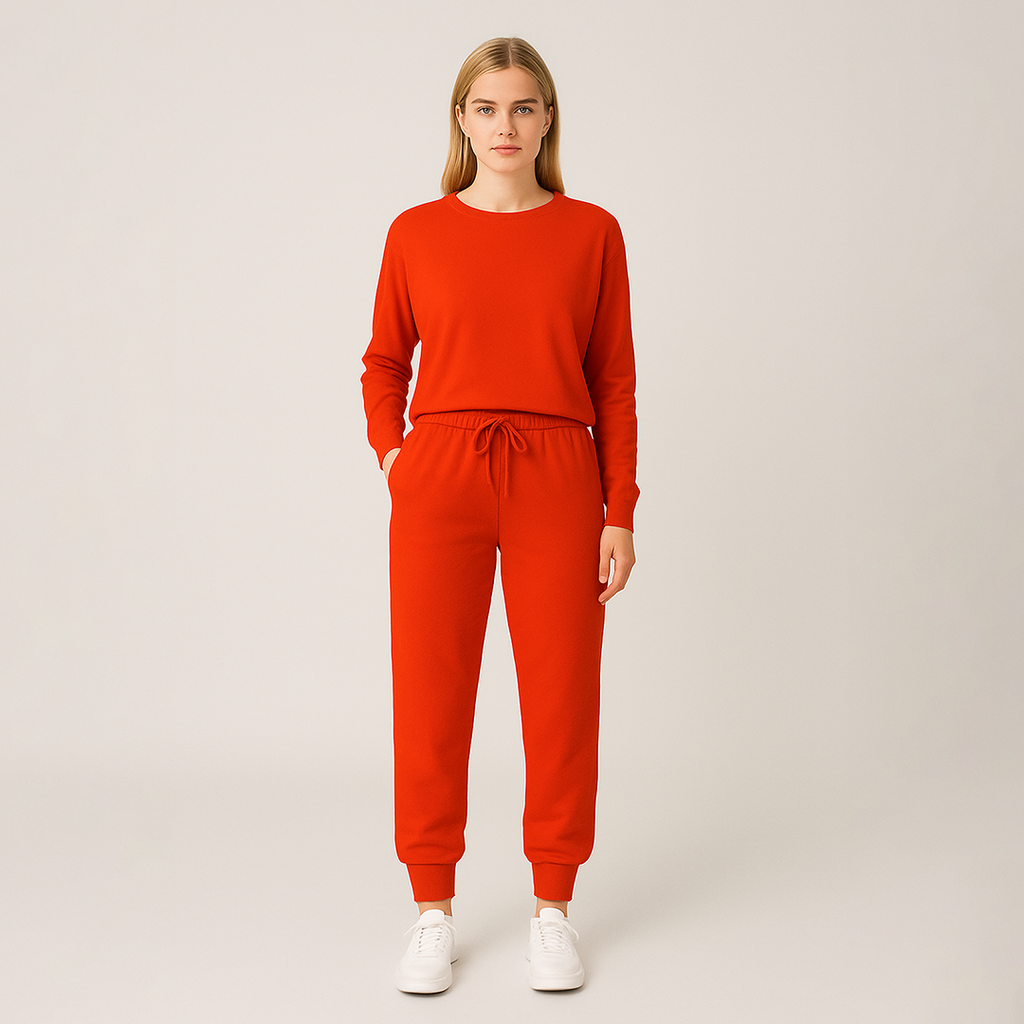 Jogger set with long-sleeve top and cuffed pants, styled for casual and everyday wear