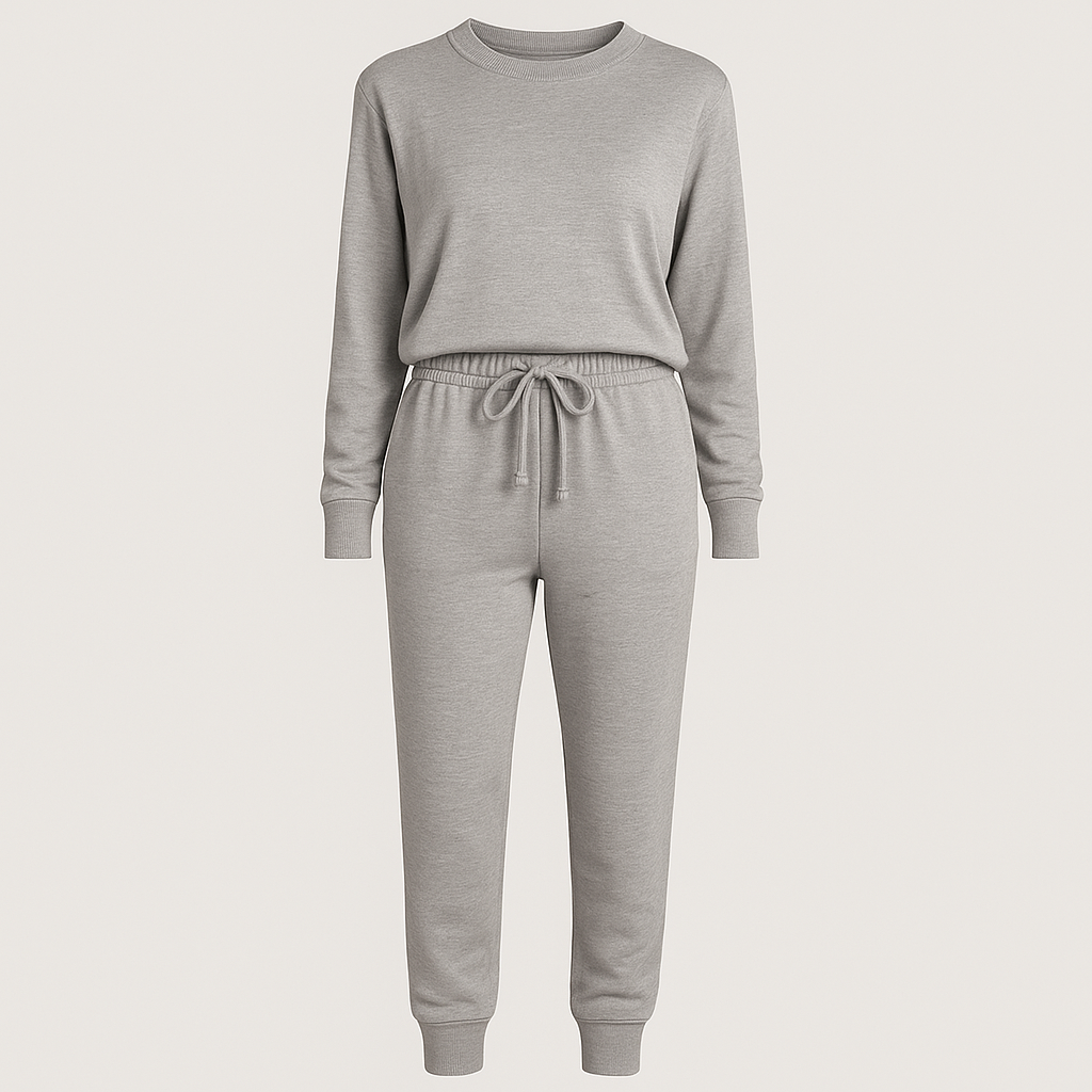 Jogger set with long-sleeve top and cuffed pants, styled for casual and everyday wear