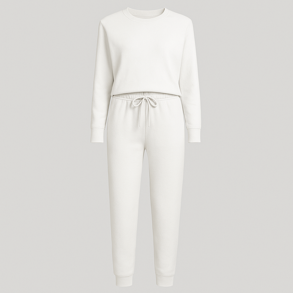 Jogger set with long-sleeve top and cuffed pants, styled for casual and everyday wear