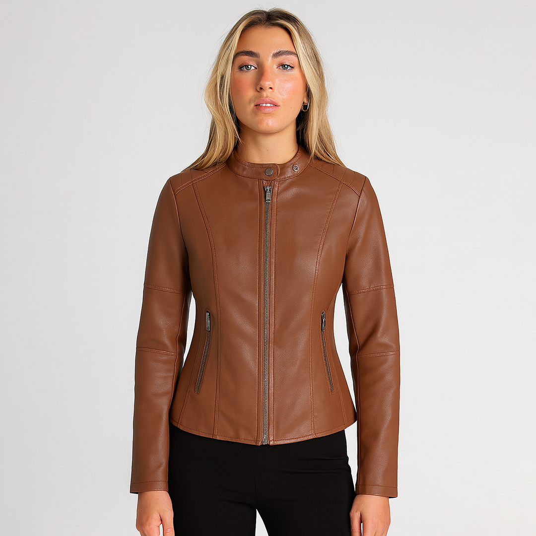 Faux leather jacket with stand collar and zip-up front, styled for sleek and modern casual wear
