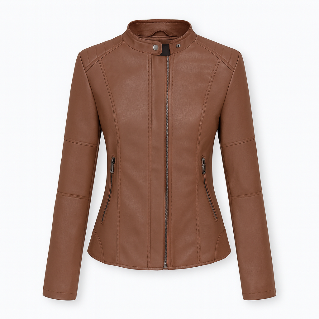 Faux leather jacket with stand collar and zip-up front, styled for sleek and modern casual wear