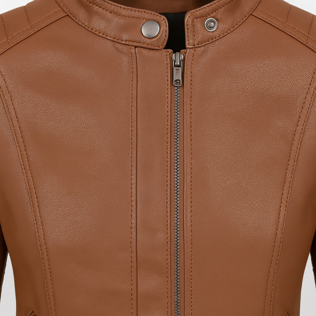 Faux leather jacket with stand collar and zip-up front, styled for sleek and modern casual wear