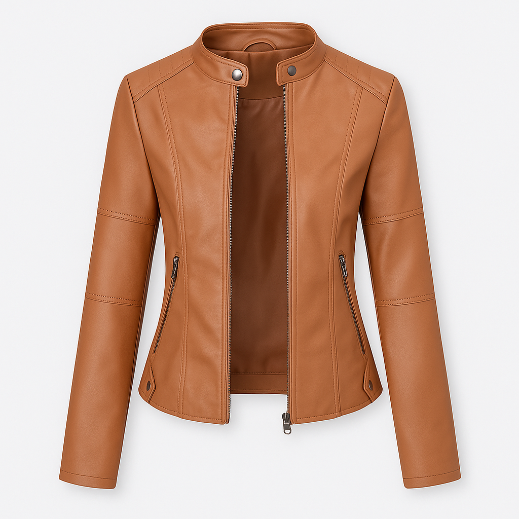 Faux leather jacket with stand collar and zip-up front, styled for sleek and modern casual wear